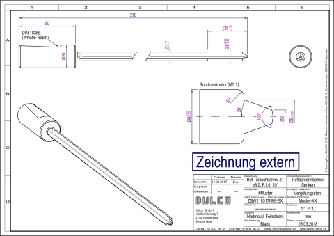 Techniche Zeichnung eines HM Einlippen Tieflochbohrer mit profilierter Stirn