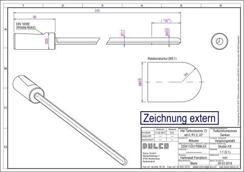 Technische Zeichnung eines HM 1-Lippen Tieflochbohrer mit Kugelstirn